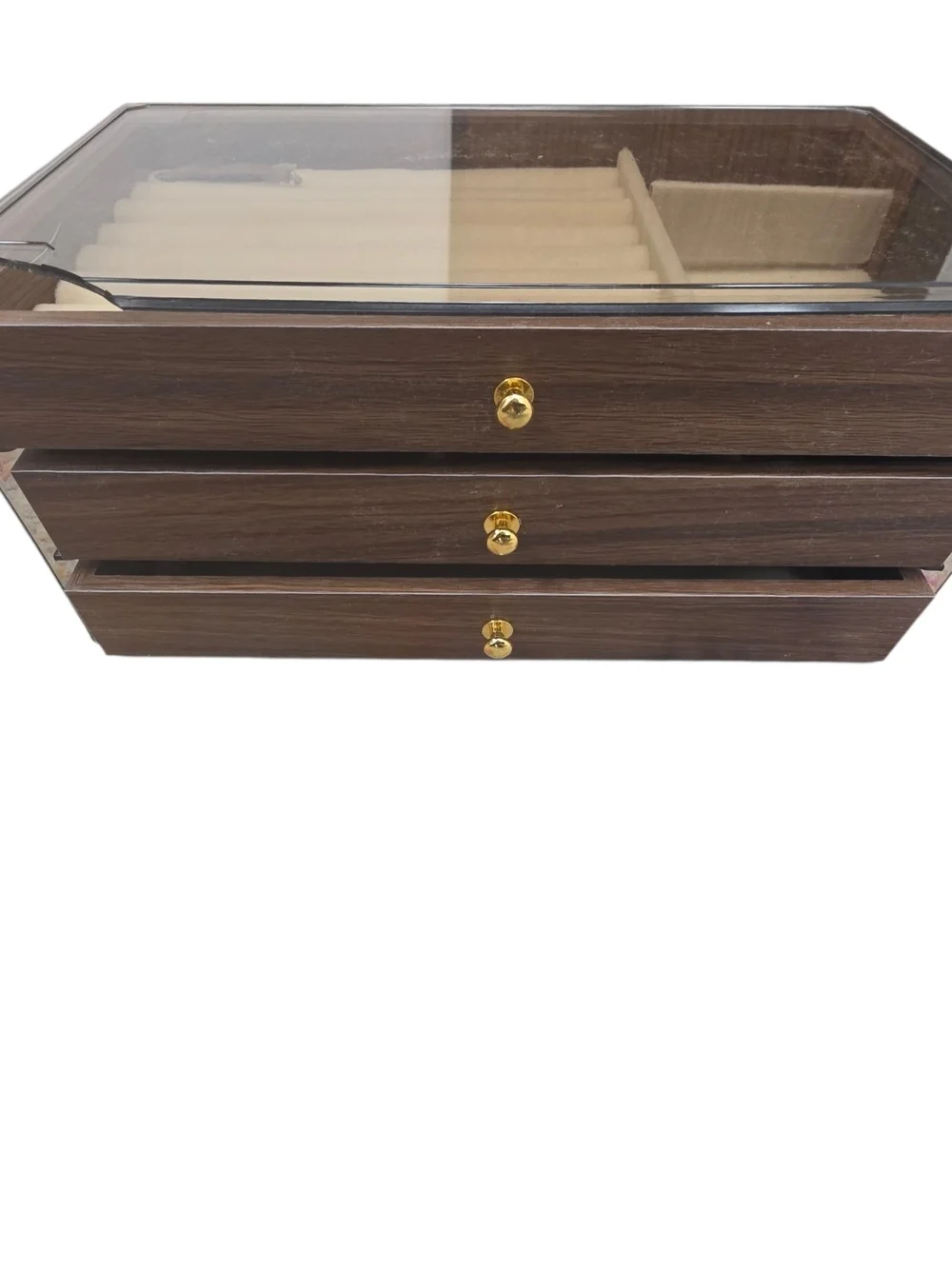 3-Layer Wooden Jewelry Box with Clear Acrylic Lid — New Open Box